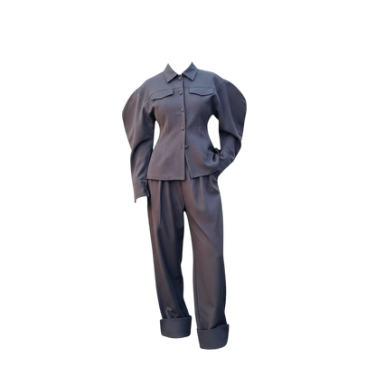 Ensemble Couture Marron Taupe – Veste à Manches Ballon & Pantalon Taille Haute