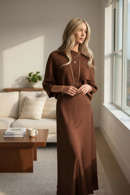 Set 2 en 1 : Robe satinée + pull cache-cœur - chocolat