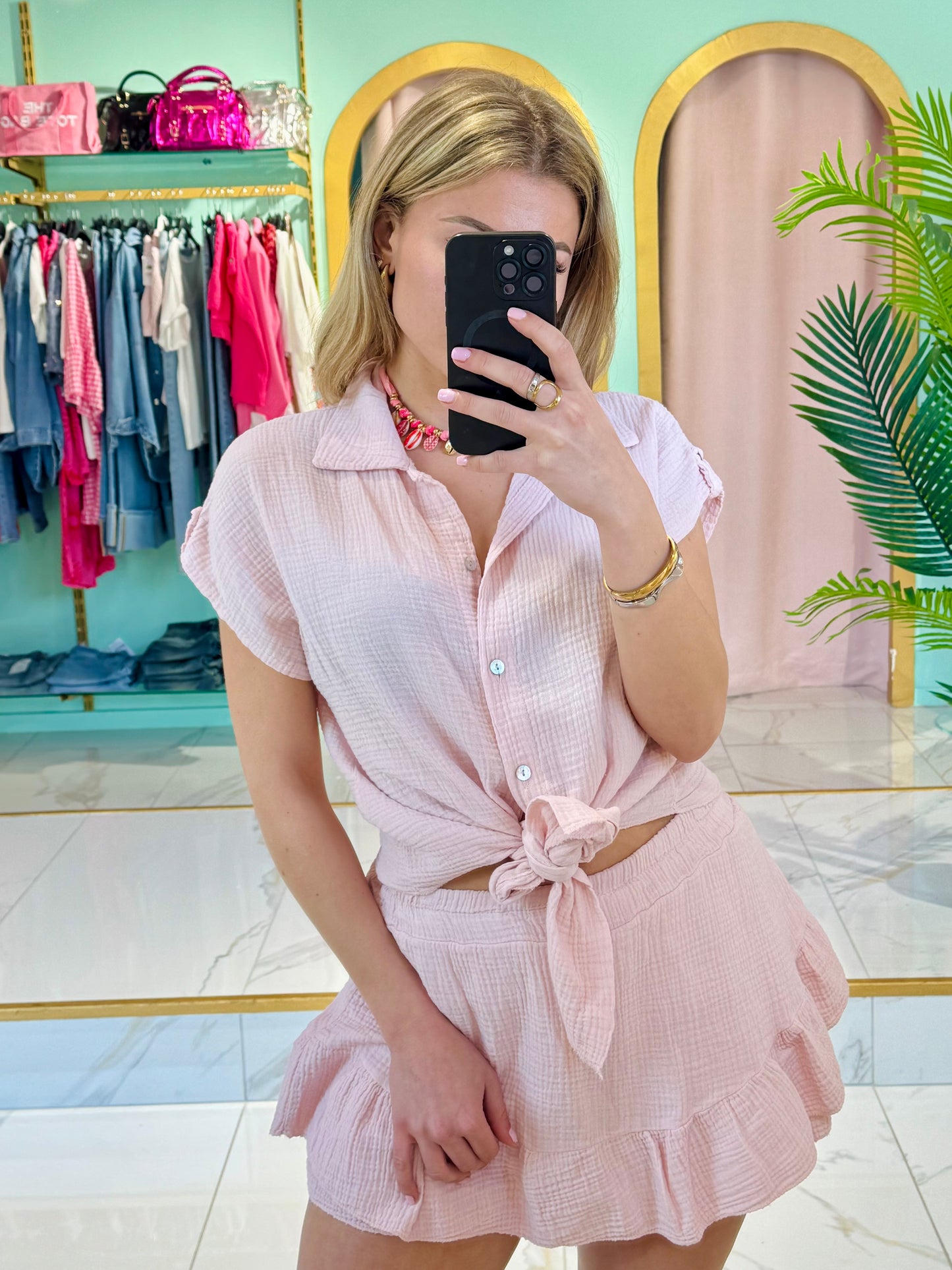 Chemise nouée en gaze de coton – rose pastel