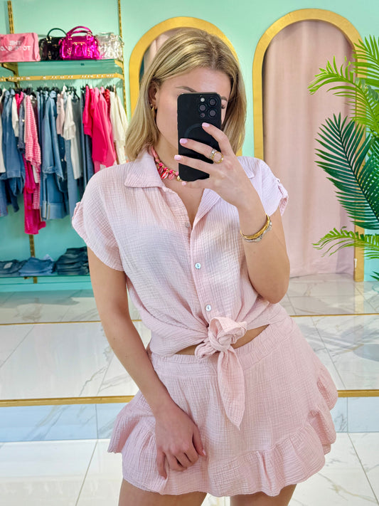Chemise nouée en gaze de coton – rose pastel