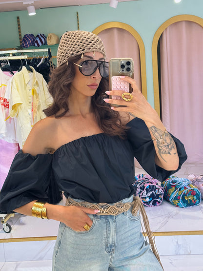 Top en popeline bouffant manche bardot - bleu marine