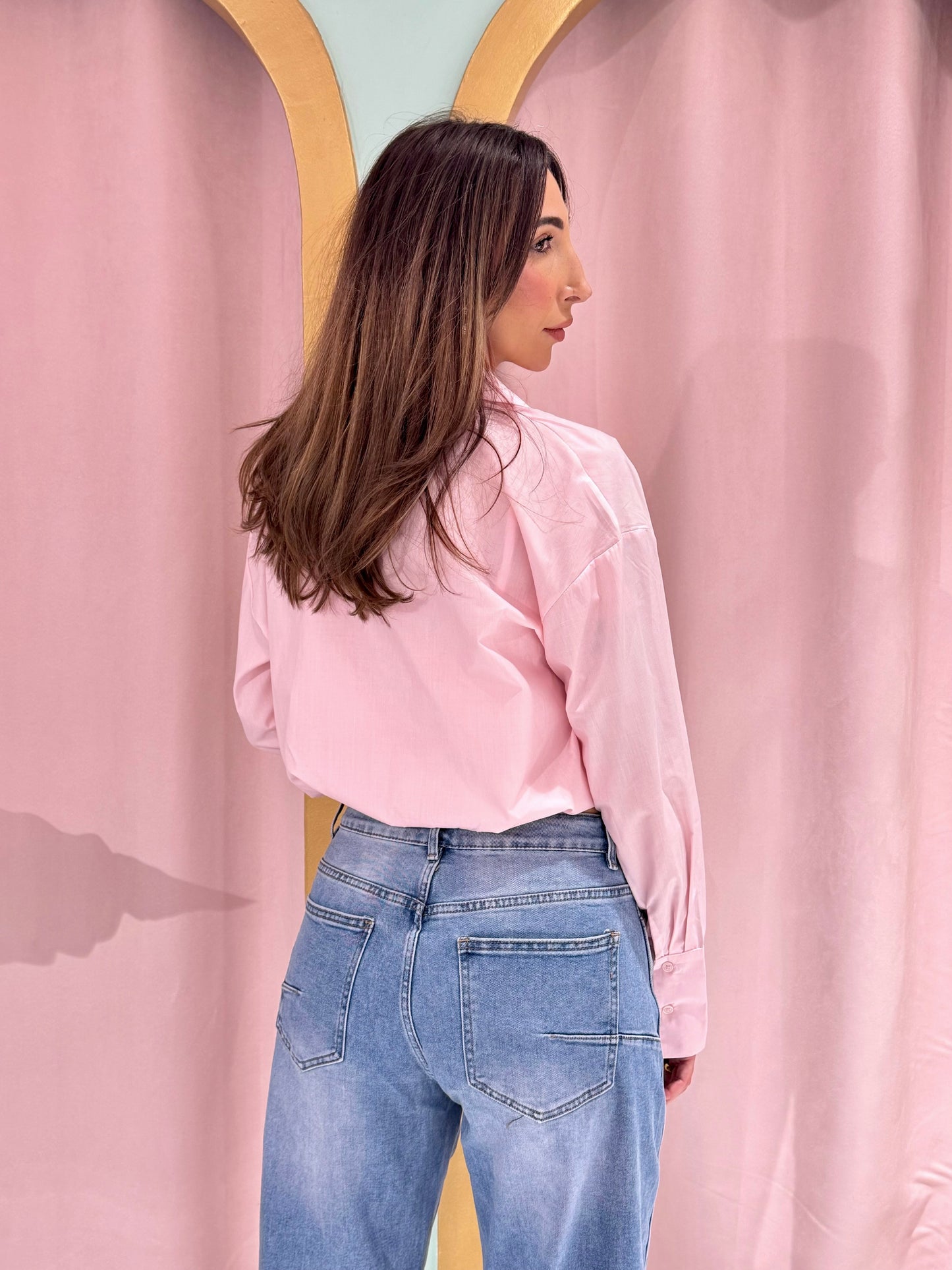 Chemise cropped bouffante Monaco rose pastel