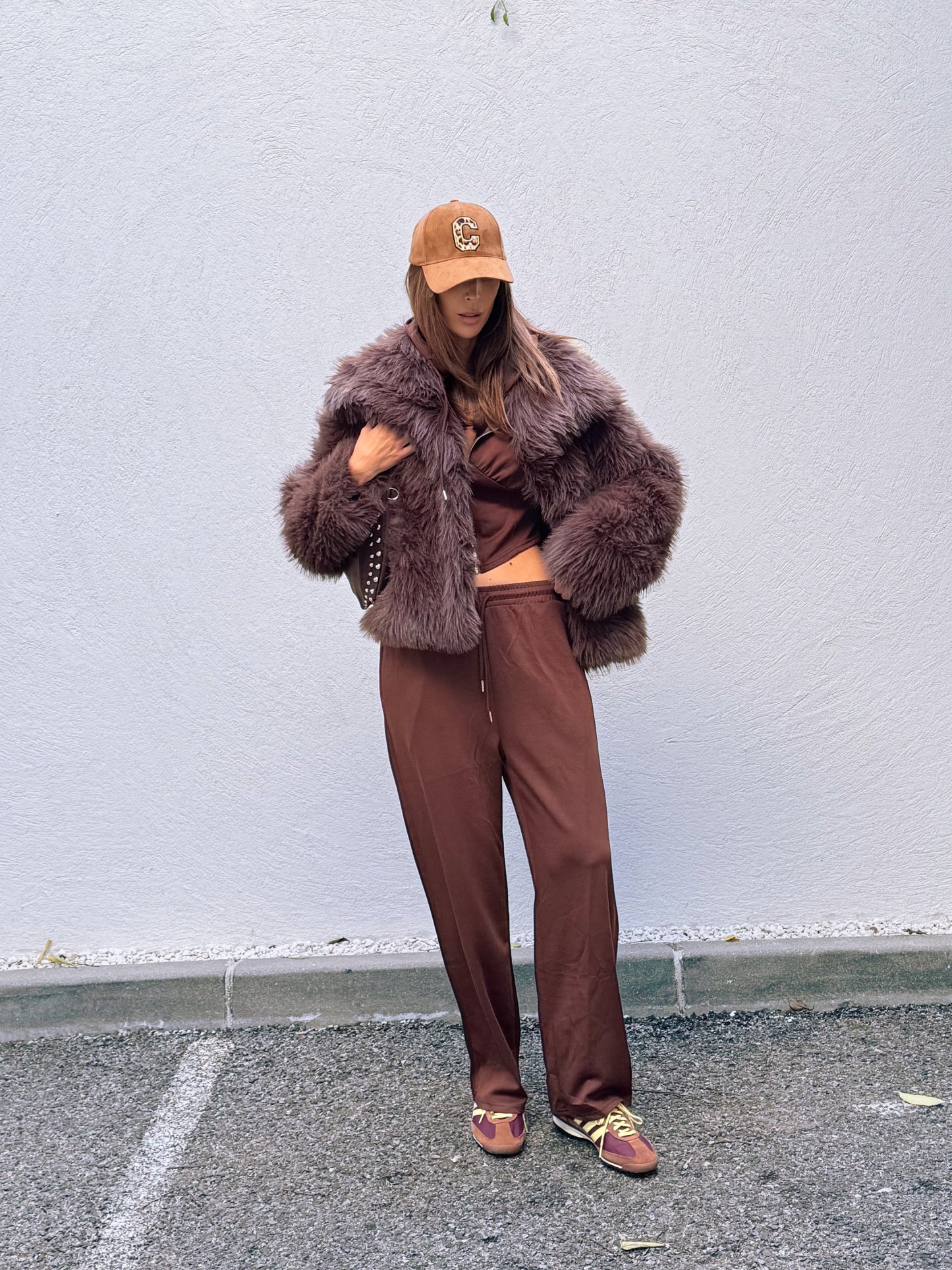 Ensemble jogging veste façon bustier & pantalon marron