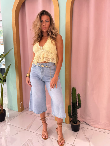 Top dentelle avec broche soleil- jaune