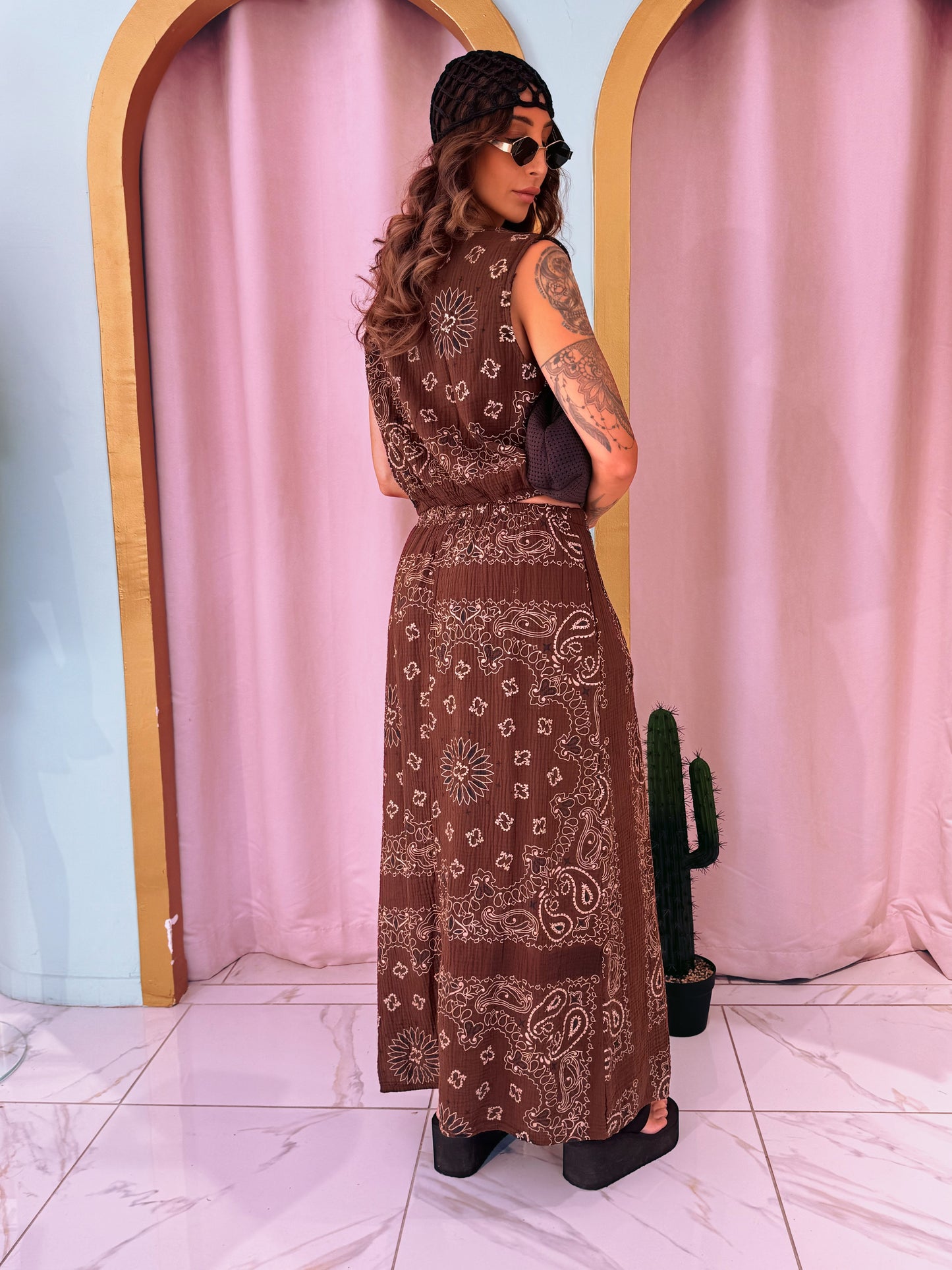 Ensemble top et jupe en gaz de coton à motif bandana- marron