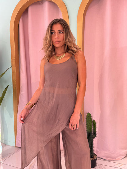 Ensemble top asymétrique  & pantalon léger et fluide - taupe