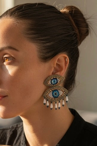 Boucles d’oreilles brodées à la main-œil de protection bleu