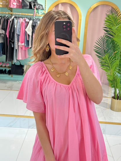 Robe coton col V dos noué - Rose