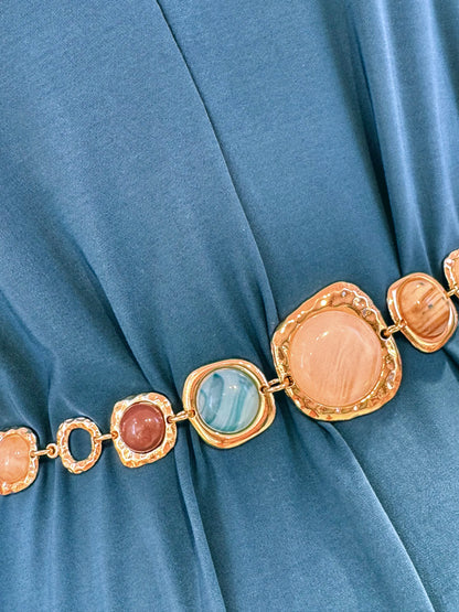 Ceinture chaîne pierres crème violine & turquoise