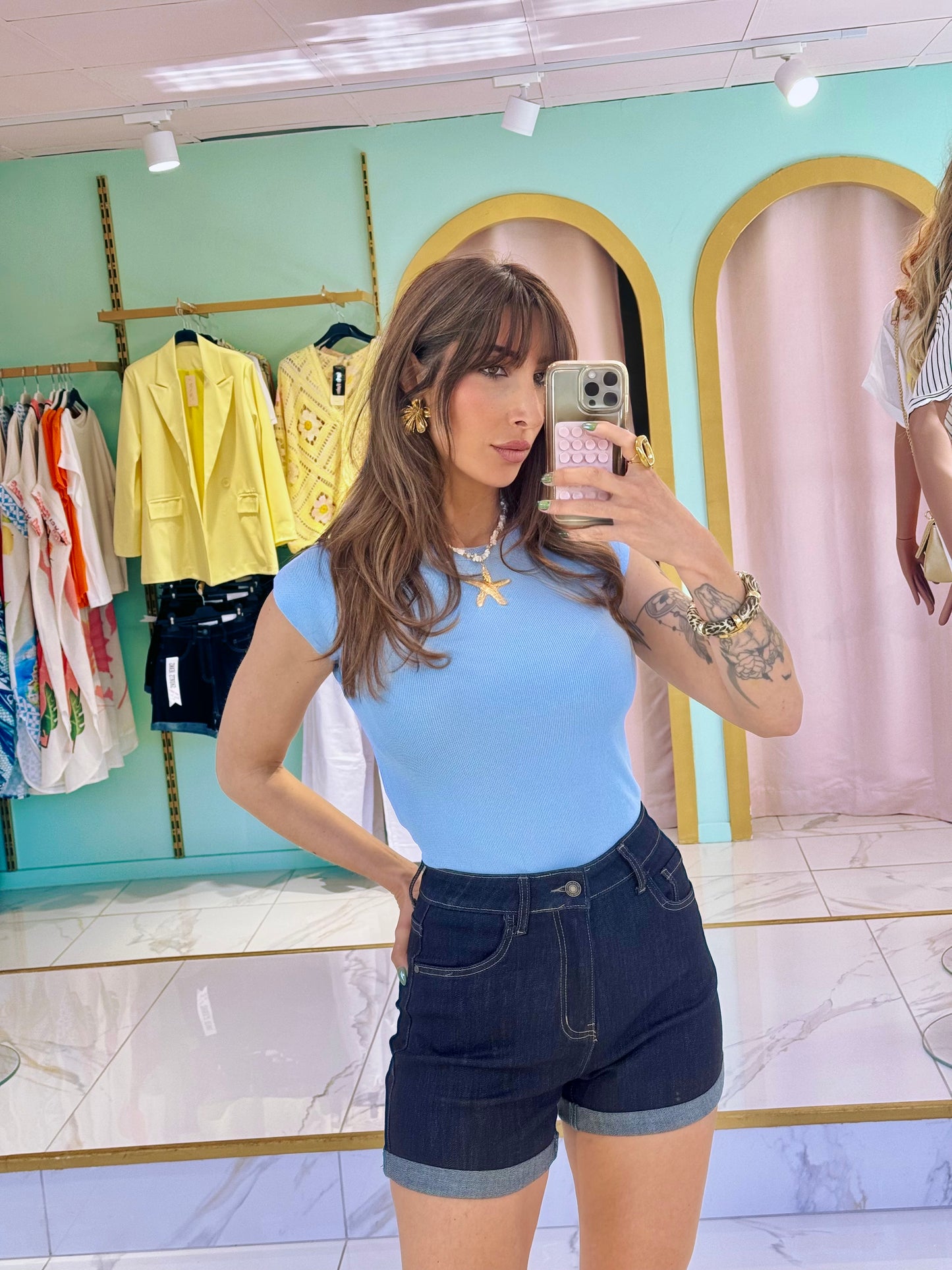 Top en maille fine moulant façon body- bleu ciel