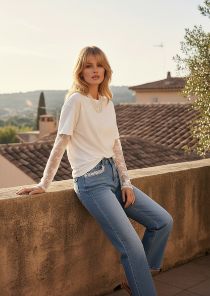 T-Shirt Coton Manches Dentelle –blanc