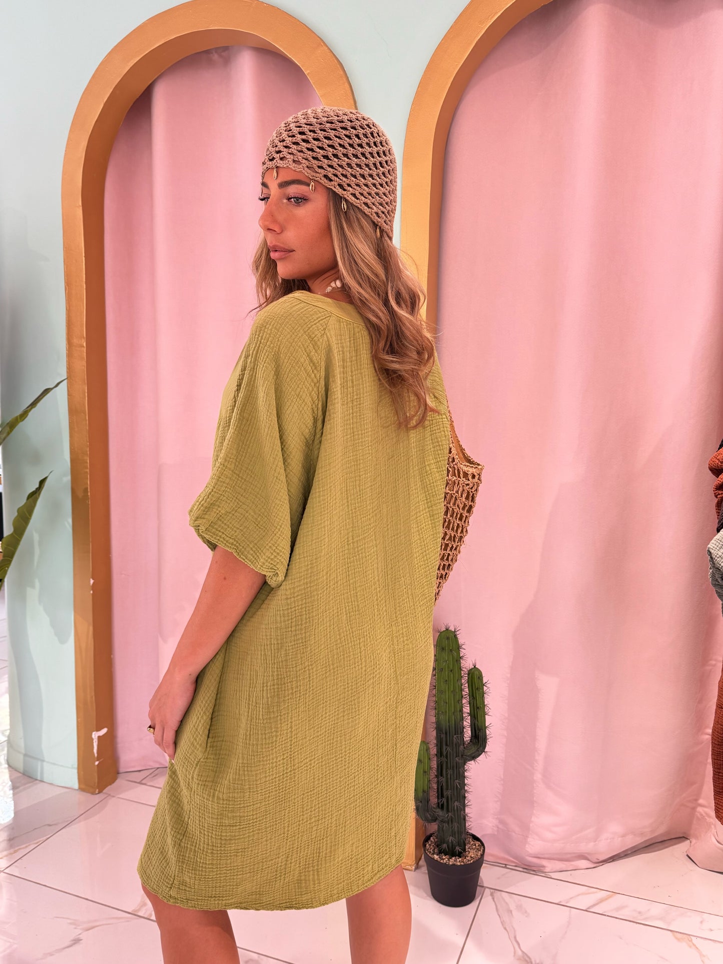 Robe en gaz de coton manches bouffantes - pistache