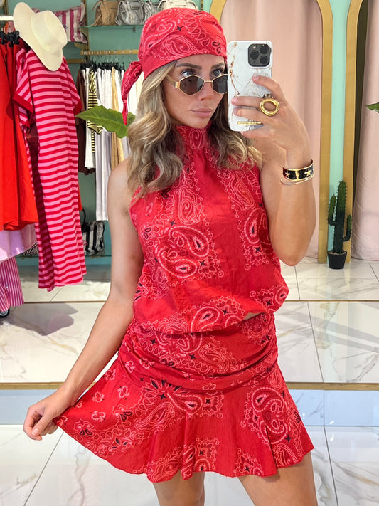 Ensemble top / jupe et foulard bandana  - rouge