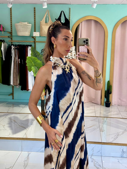 Robe longue satinée à imprimé - bleu marine