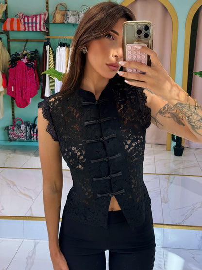 Top Dentelle Fermoirs Chinois - Noir