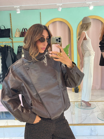 ✨ Veste Bomber en Simili Cuir Grainé à Col Montant Asymétrique – marron