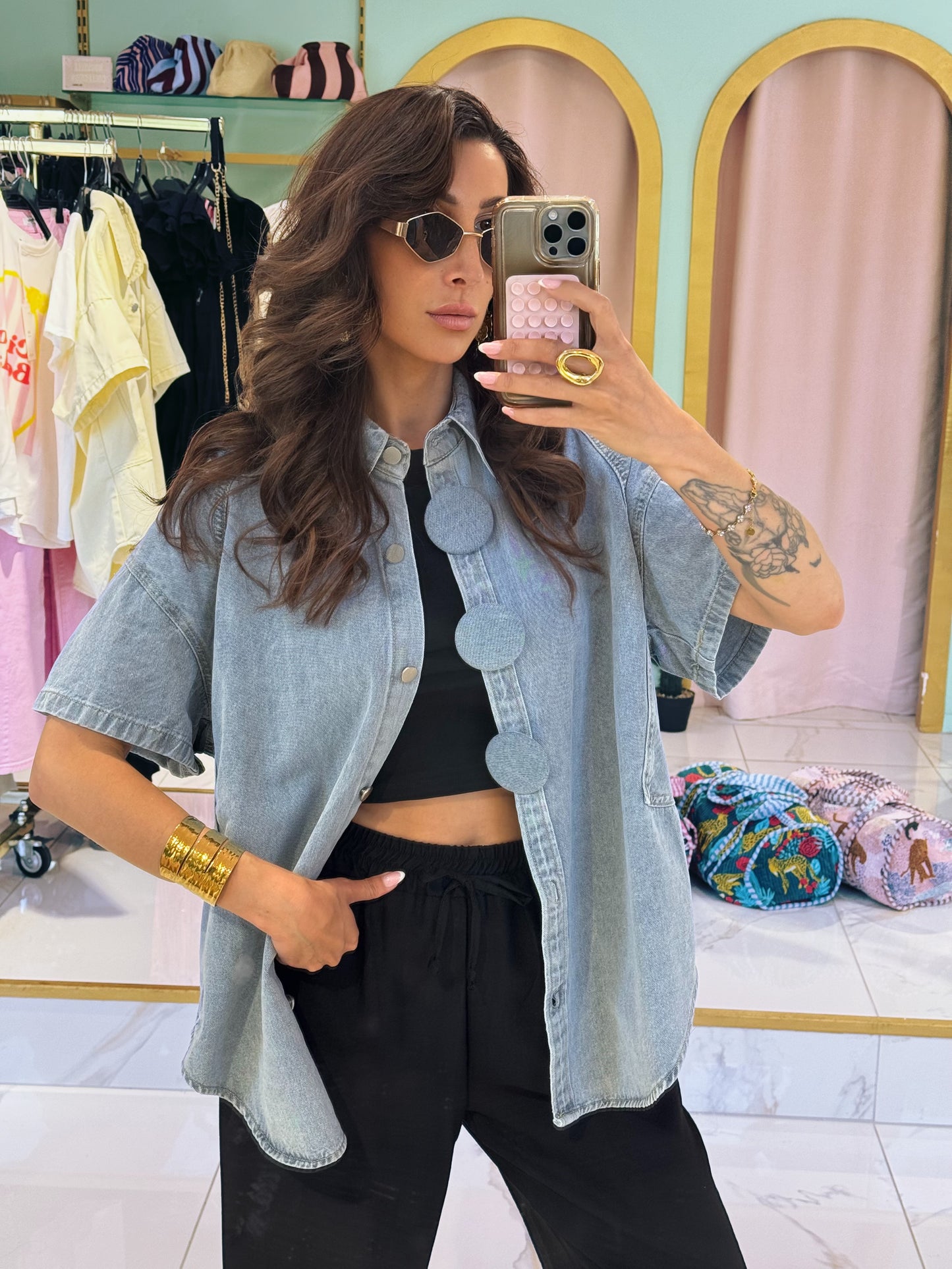 Veste en jean manches courtes oversize - bleu