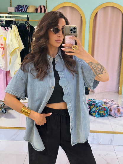 Veste en jean manches courtes oversize - bleu