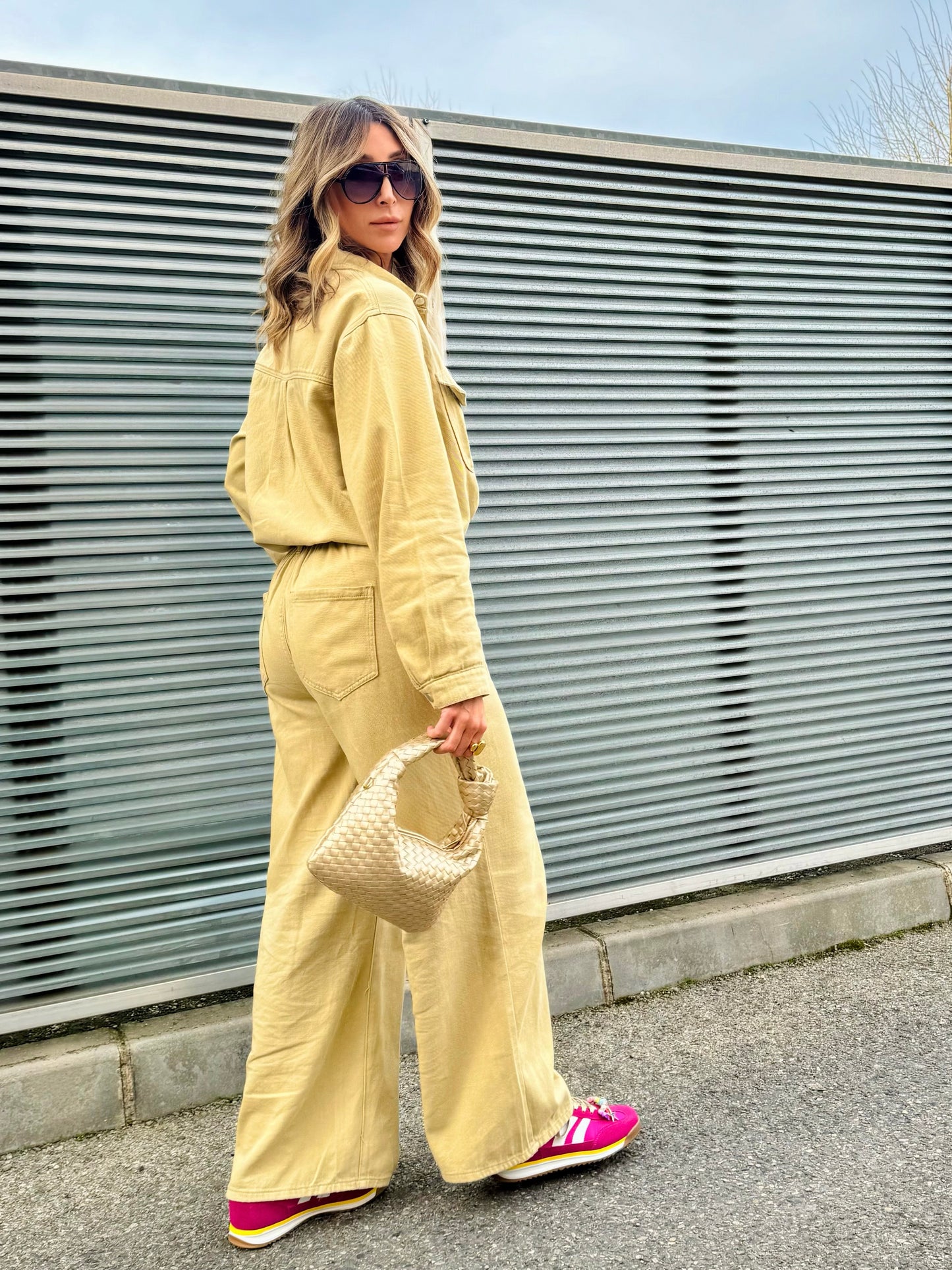 Ensemble en jean surchemise & pantalon wide leg beige