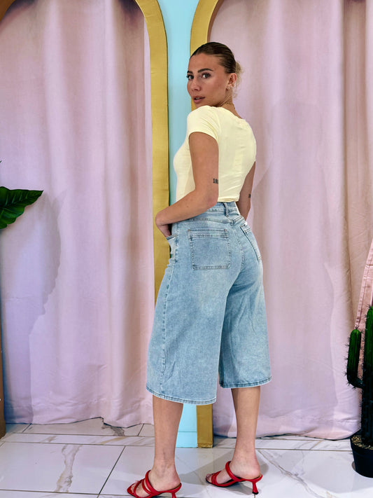 Bermuda baggy en jean stretch bleu