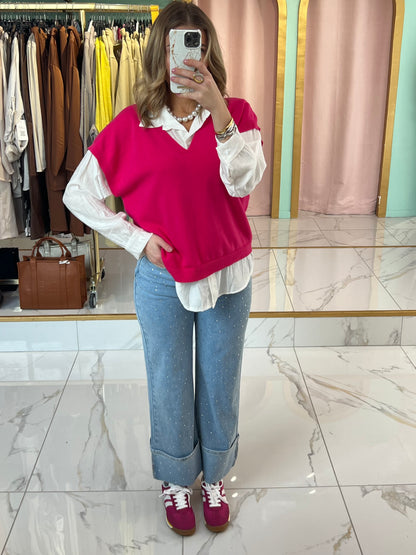 Top en maille à col en V sans manches - rose fushia