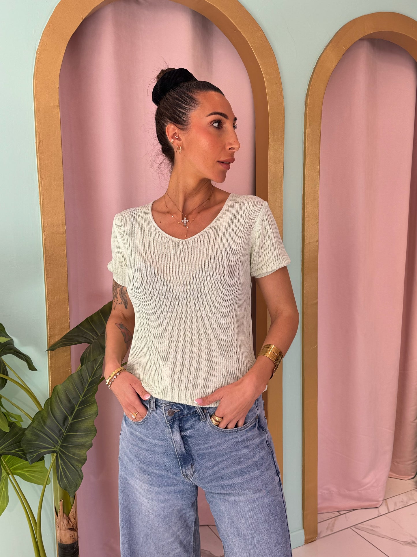 Top maille fine col V – vert d’eau