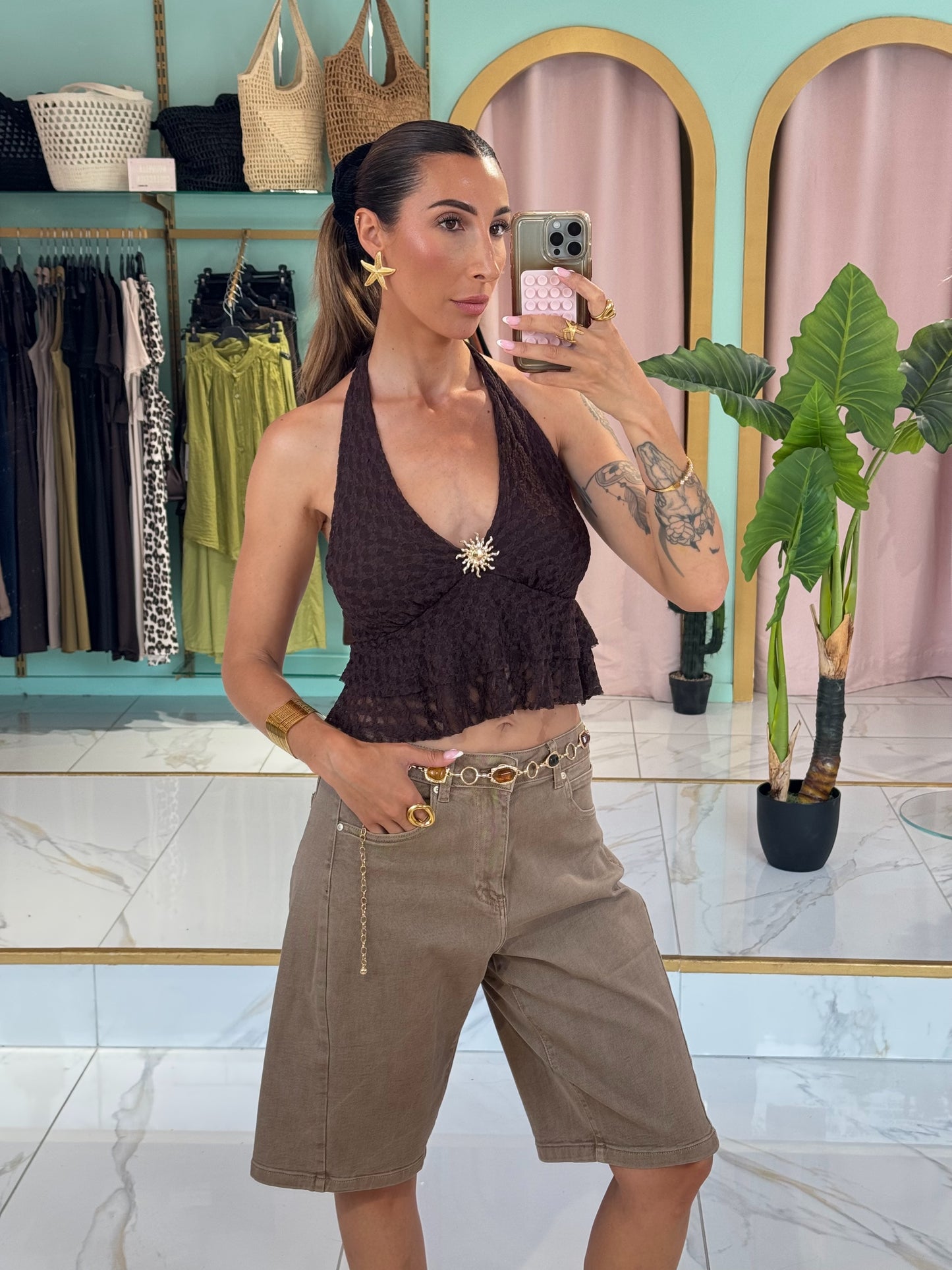 Top dentelle avec broche soleil- marron