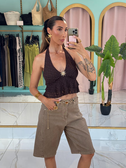 Top dentelle avec broche soleil- marron