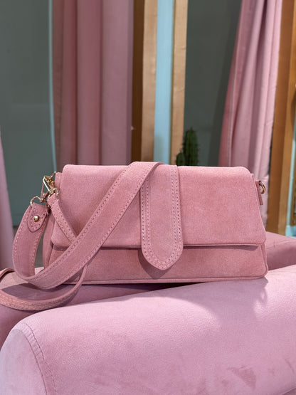 Sac en cuir nubuck dupe à double bandoulière - rose pastel