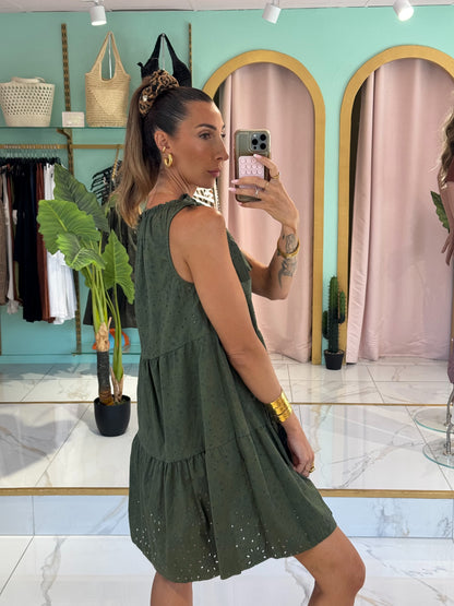 Robe oversize broderie & noeud épaule - kaki