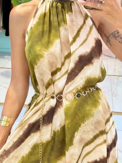 Robe longue satinée à imprimé - pistache