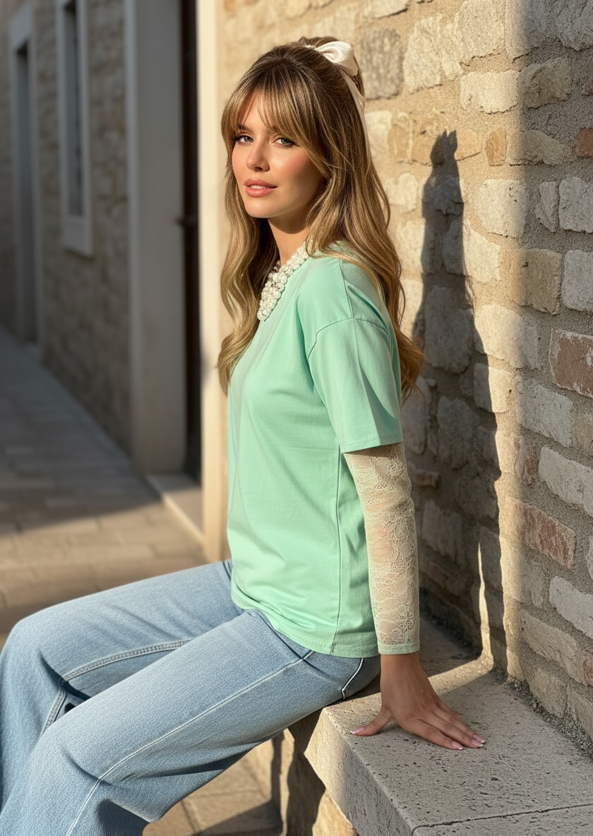 T-Shirt Coton Manches Dentelle –vert mint