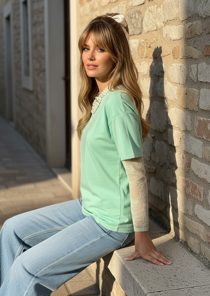 T-Shirt Coton Manches Dentelle –vert mint