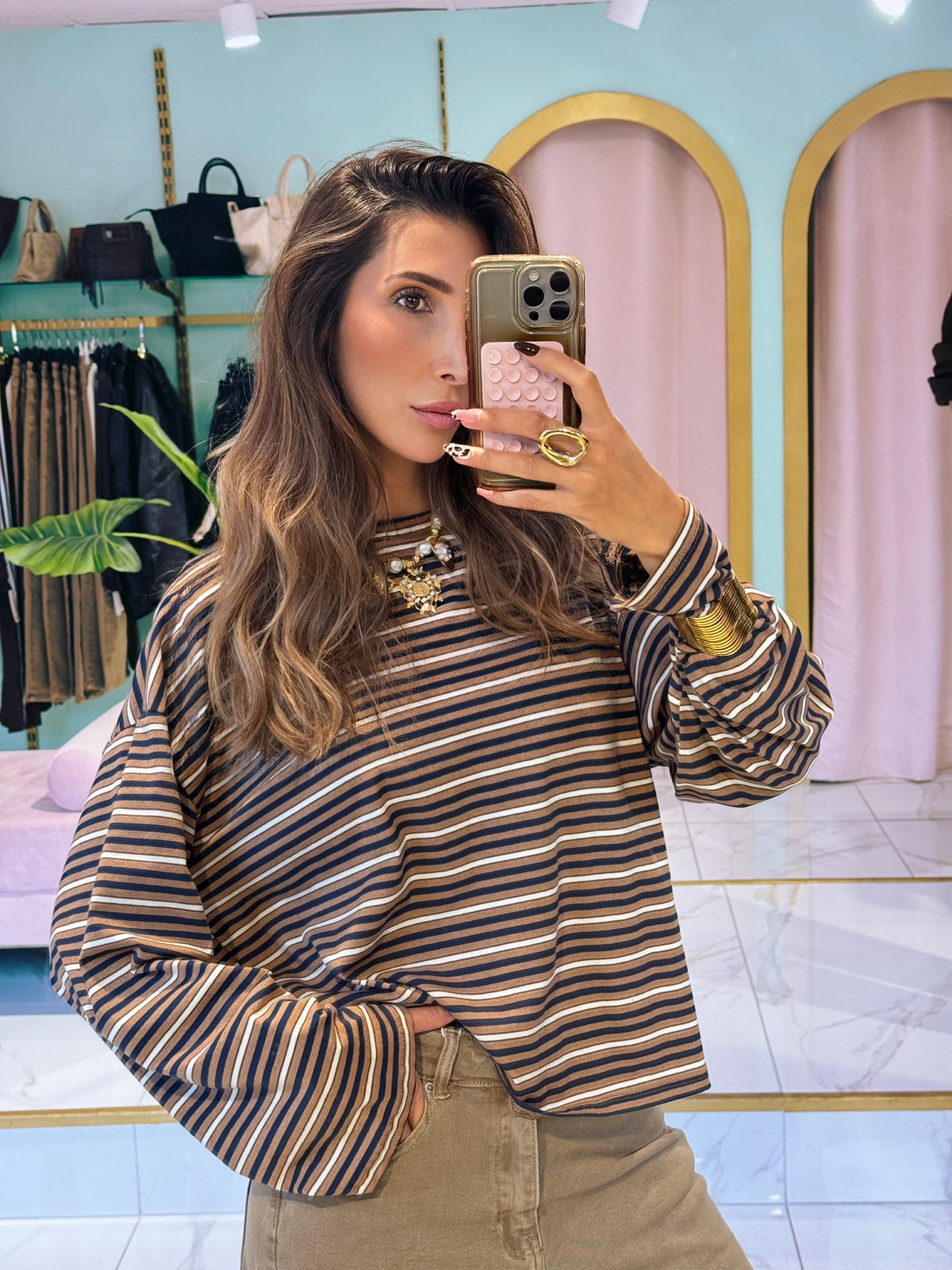 T-shirt manches longues marinière - Camel beige