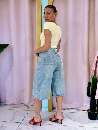 Bermuda baggy en jean stretch bleu