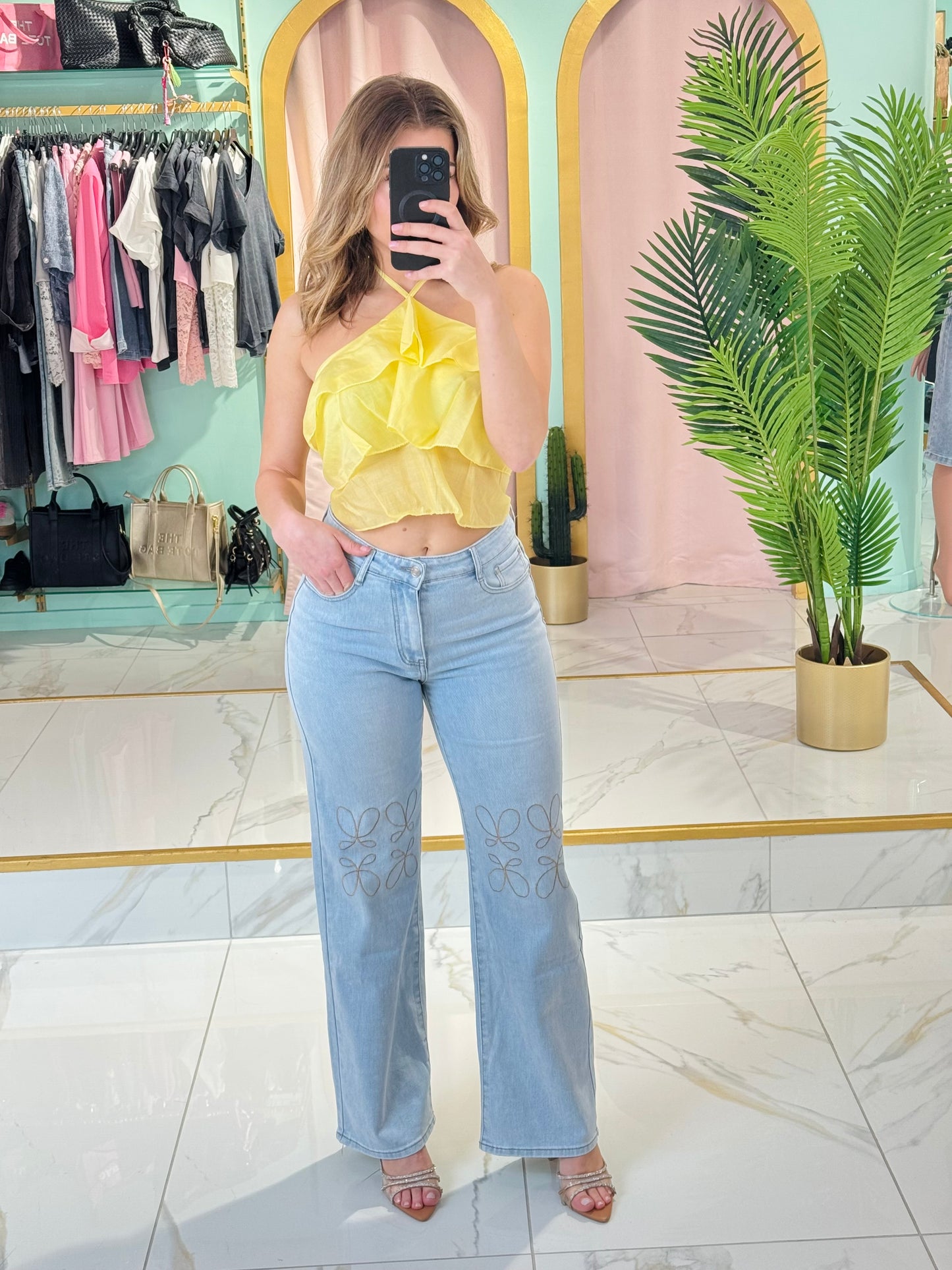 Top volanté noué - Jaune