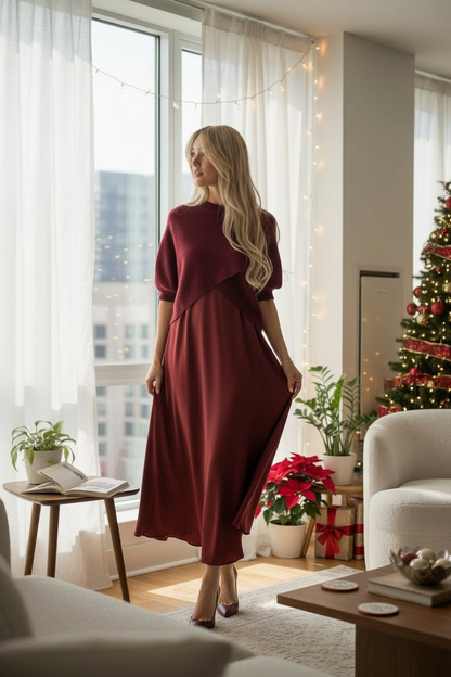 Set 2 en 1 : Robe satinée + pull cache-cœur - bordeaux