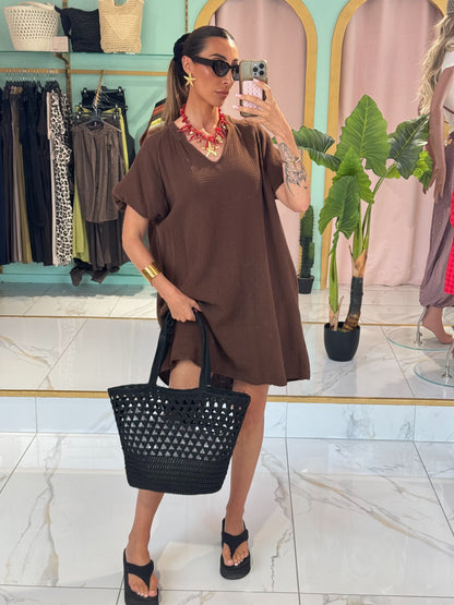 Robe en gaz de coton manches bouffantes - marron