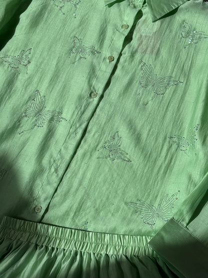 Ensemble Chemise & Short Organza – Papillons Strass-vert mint
