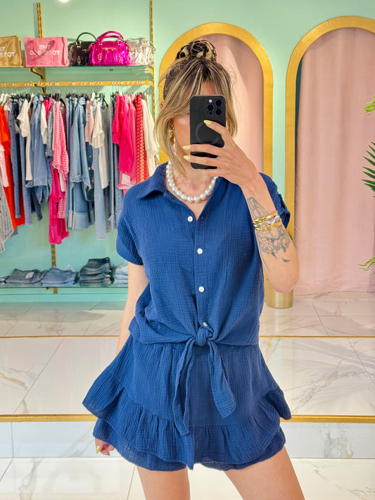 Jupe-short à volants en gaze de coton – bleu marine