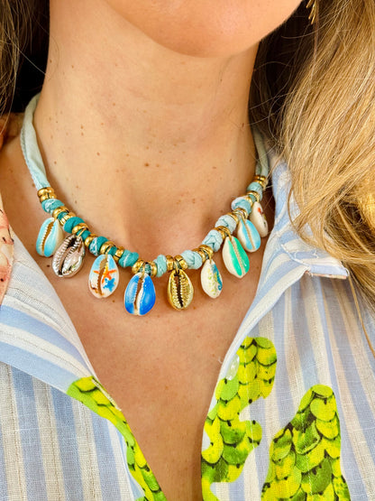 Collier tissu et coquillage - Mile et Mila Turquoise