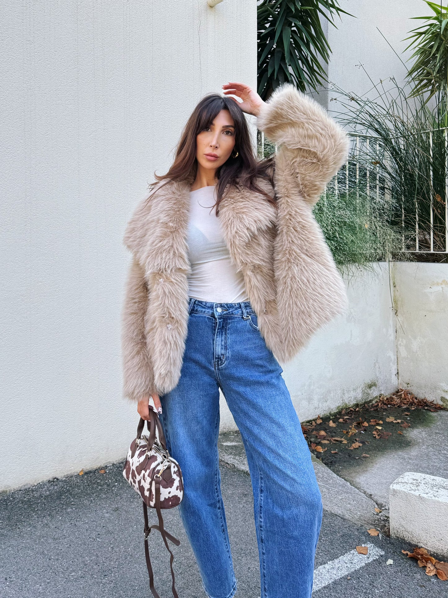 Manteau fausse fourrure beige