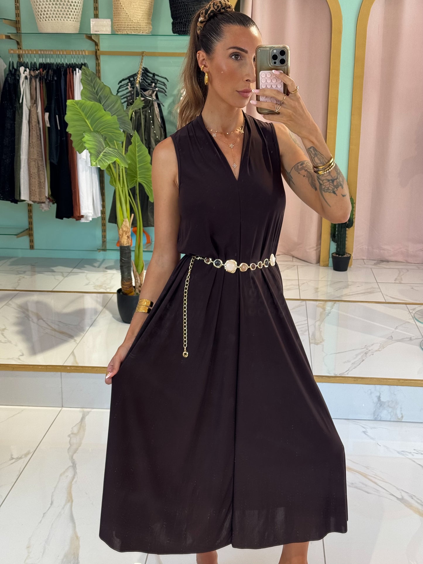 Robe longue unie matière confort -chocolat