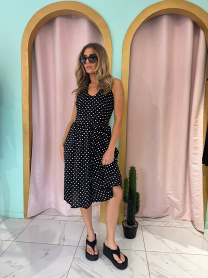 Robe à pois longueur midi en popeline de coton - noire