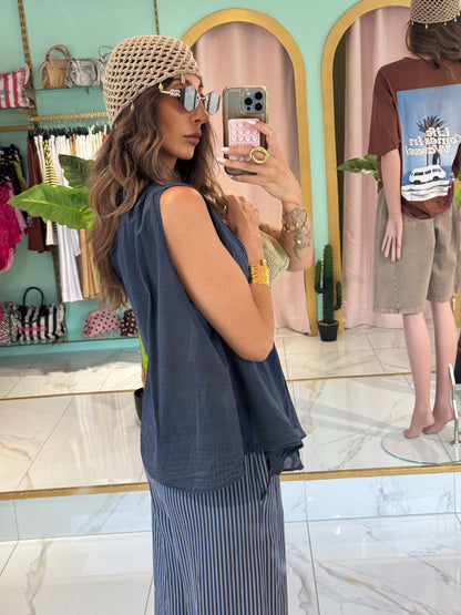 Blouse légère sans manches- bleu marine