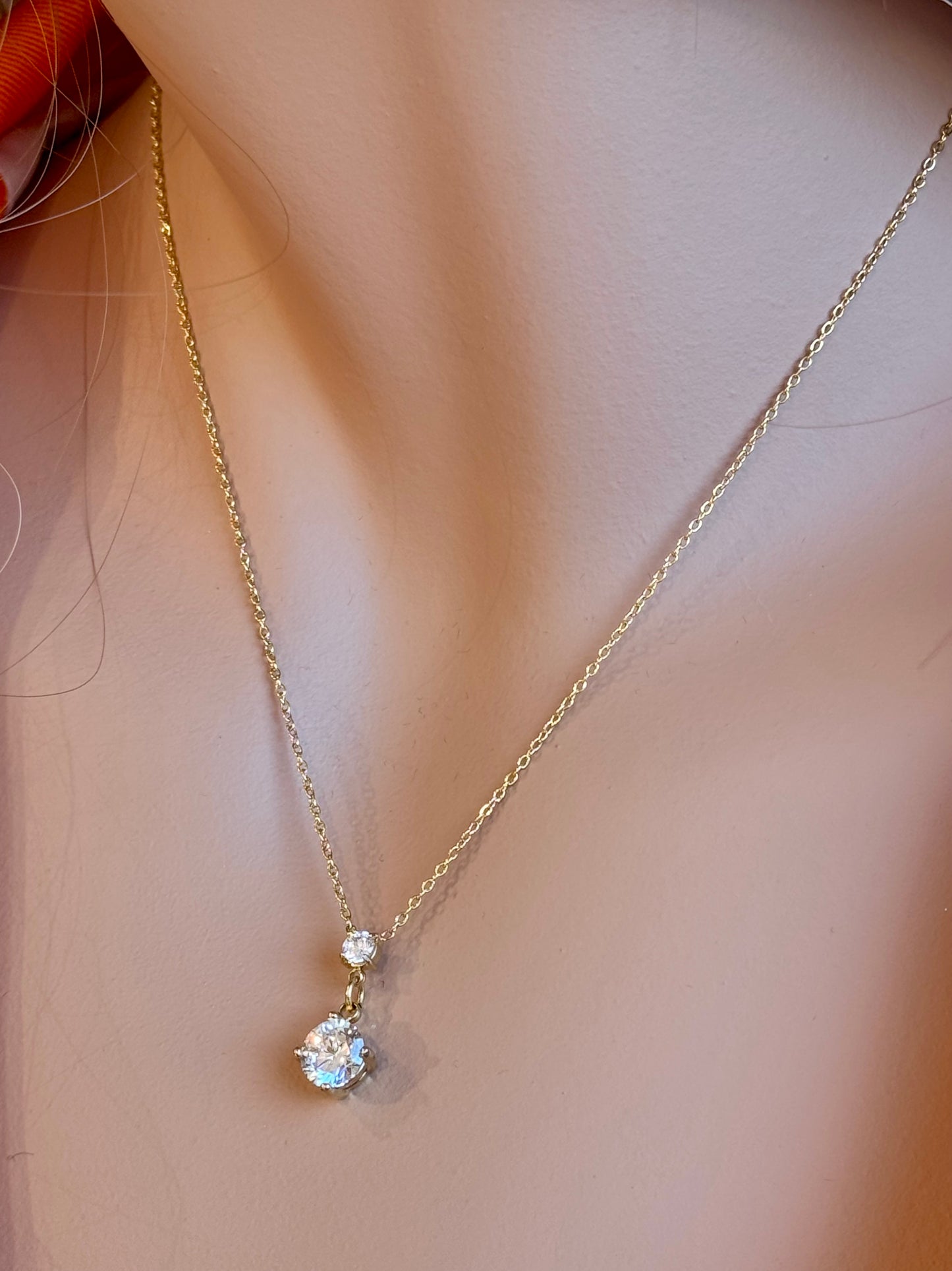 Collier pendentif double cristal - Acier inoxydable réglable or