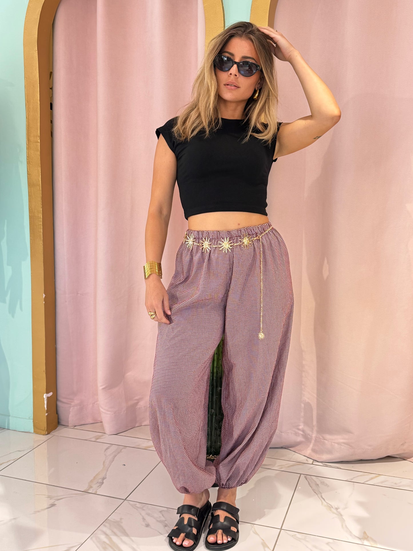 Pantalon bouffant à petit carreaux - bordeaux