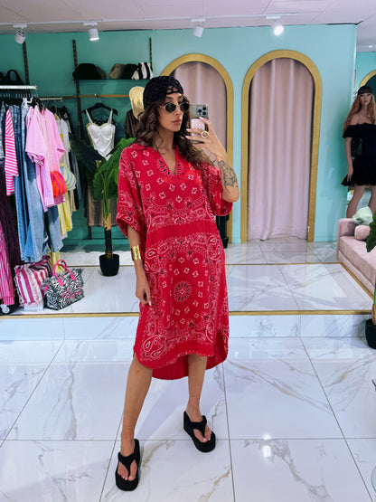 Robe tunique en gaz de coton à motif bandana - rouge