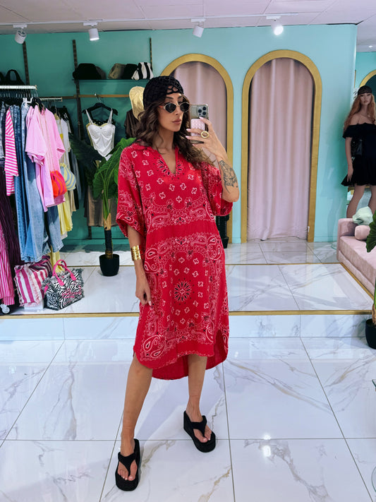 Robe tunique en gaz de coton à motif bandana - rouge