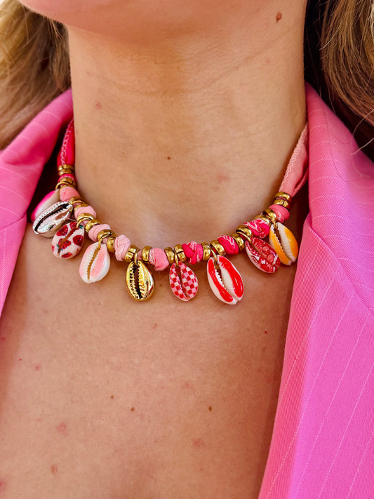Collier tissu et coquillage - Mile et Mila rose